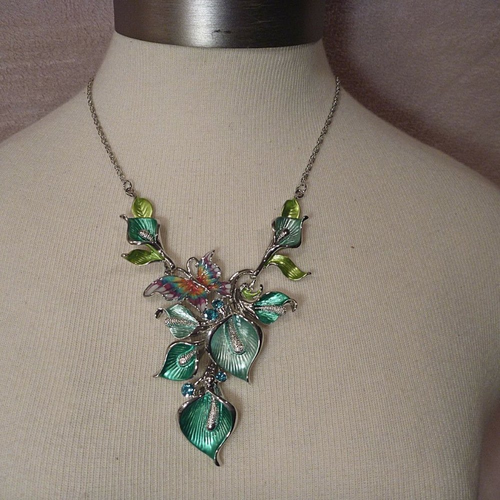 Silver tone Set Earrings Necklace Floral Enamel - Picture 2 of 8